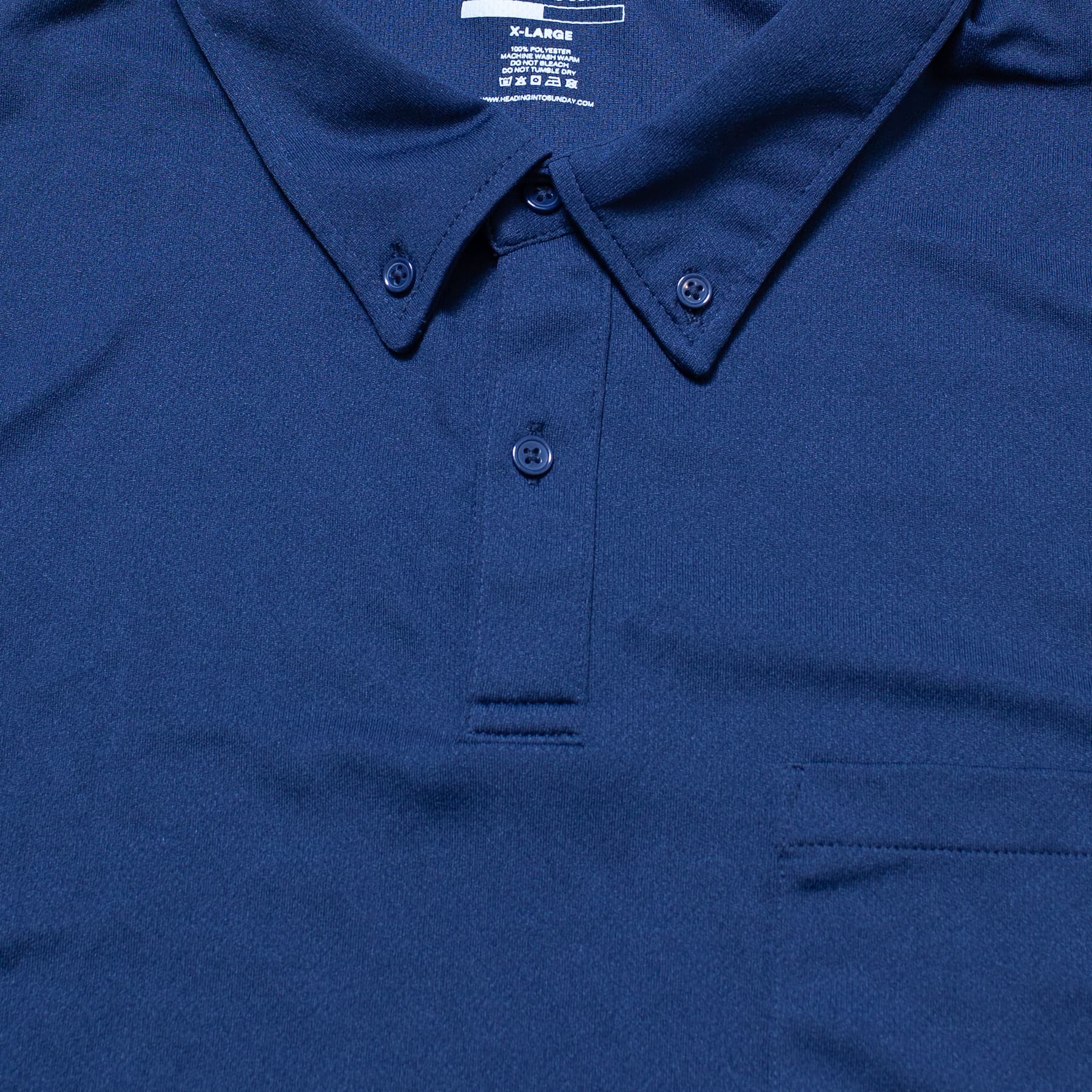 Heading Into Sunday - A Polo 11 - Navy Performance Long Sleeve Polo - Collar Detail